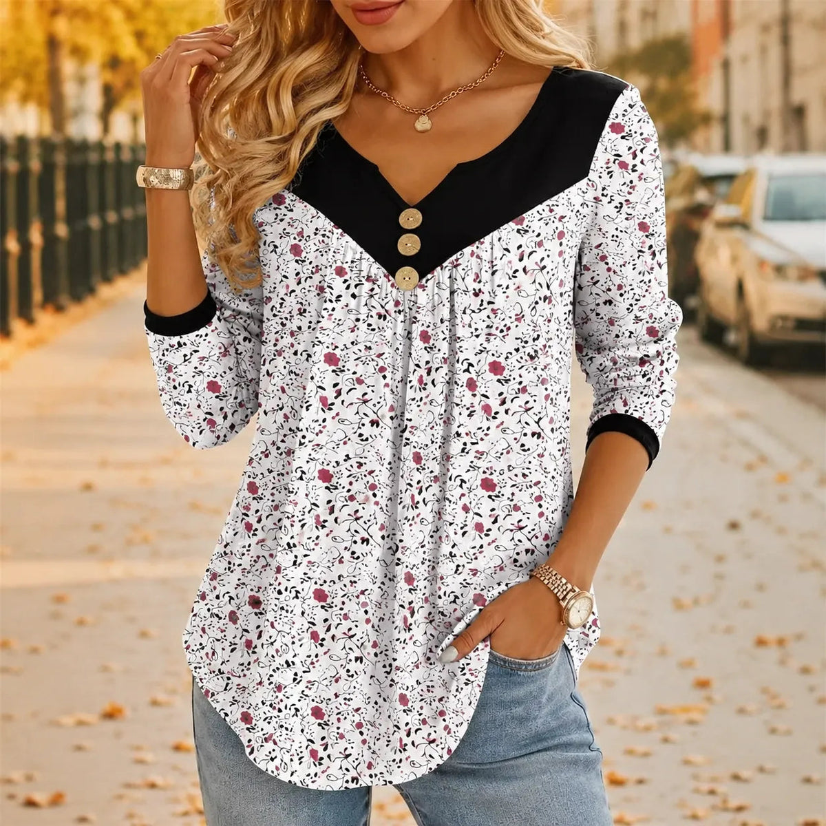 Evelora | Floral V-Neck Tunic Top – Soft Pleated Drape for Women