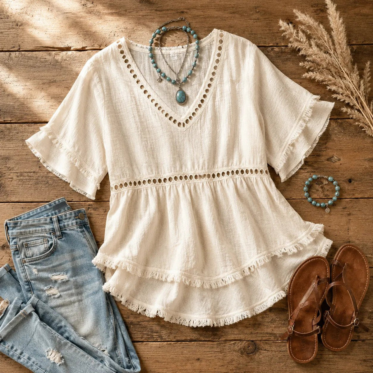 Solavie | Boho V-Neck Tunic Top mit Fransen für Frauen