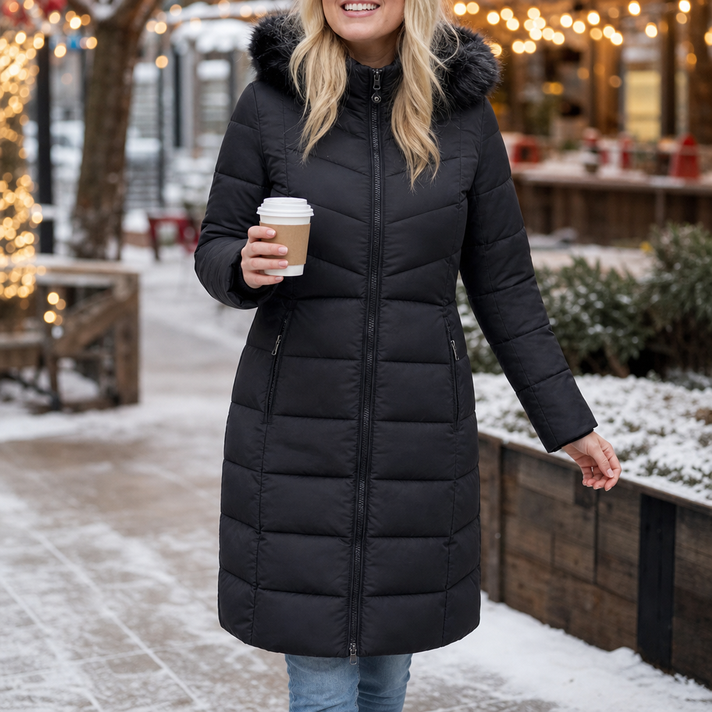 Chevronwarm | Longline Puffer Coat met Faux Fur Capuchon