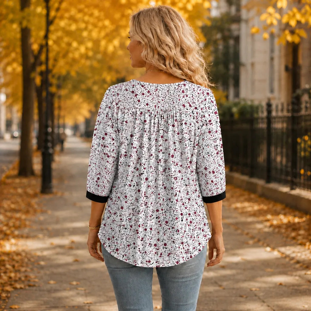 Evelora | Floral V-Neck Tunic Top – Soft Pleated Drape for Women