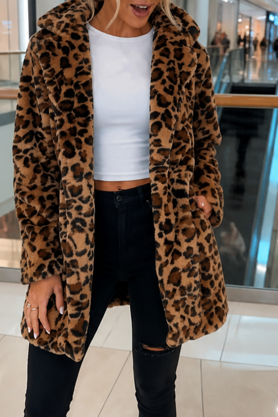 Leora | Leopard Print Faux Fur Coat – Luxuriöse Winterjacke für Frauen