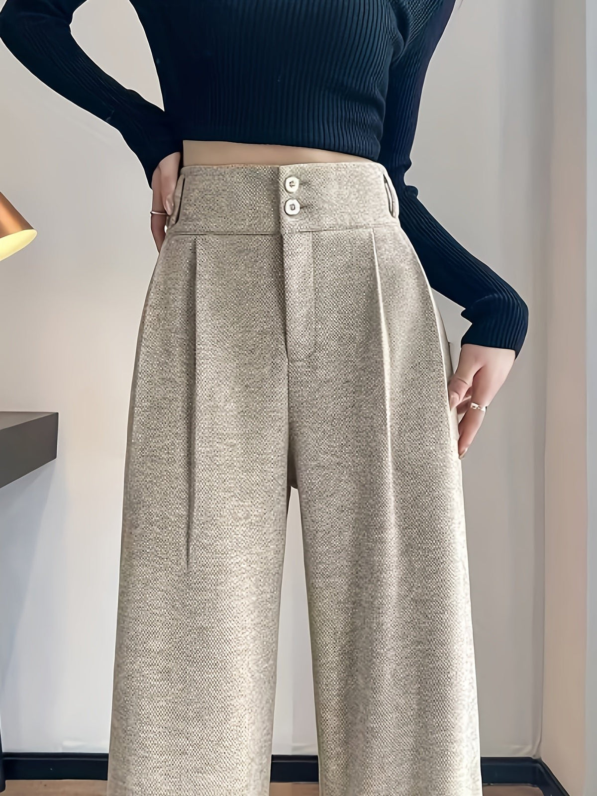 Hanna | High-Waisted Wide-Leg Trousers – Elegante Herringbone-Optik für Damen