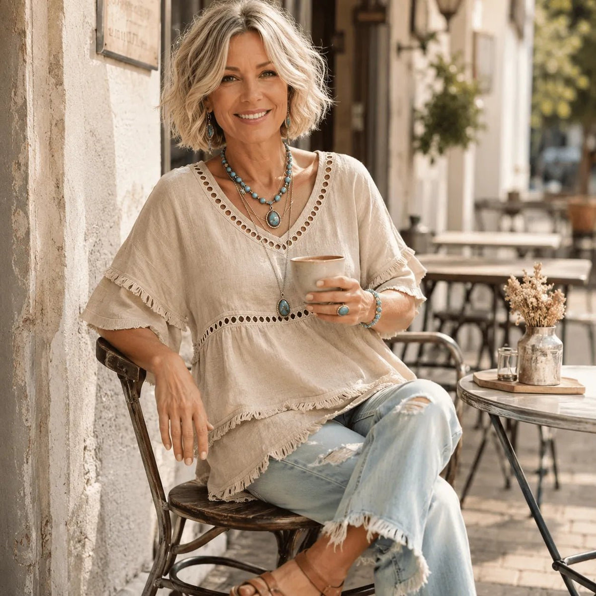 Solavie | Boho V-Neck Tunic Top mit Fransen für Frauen
