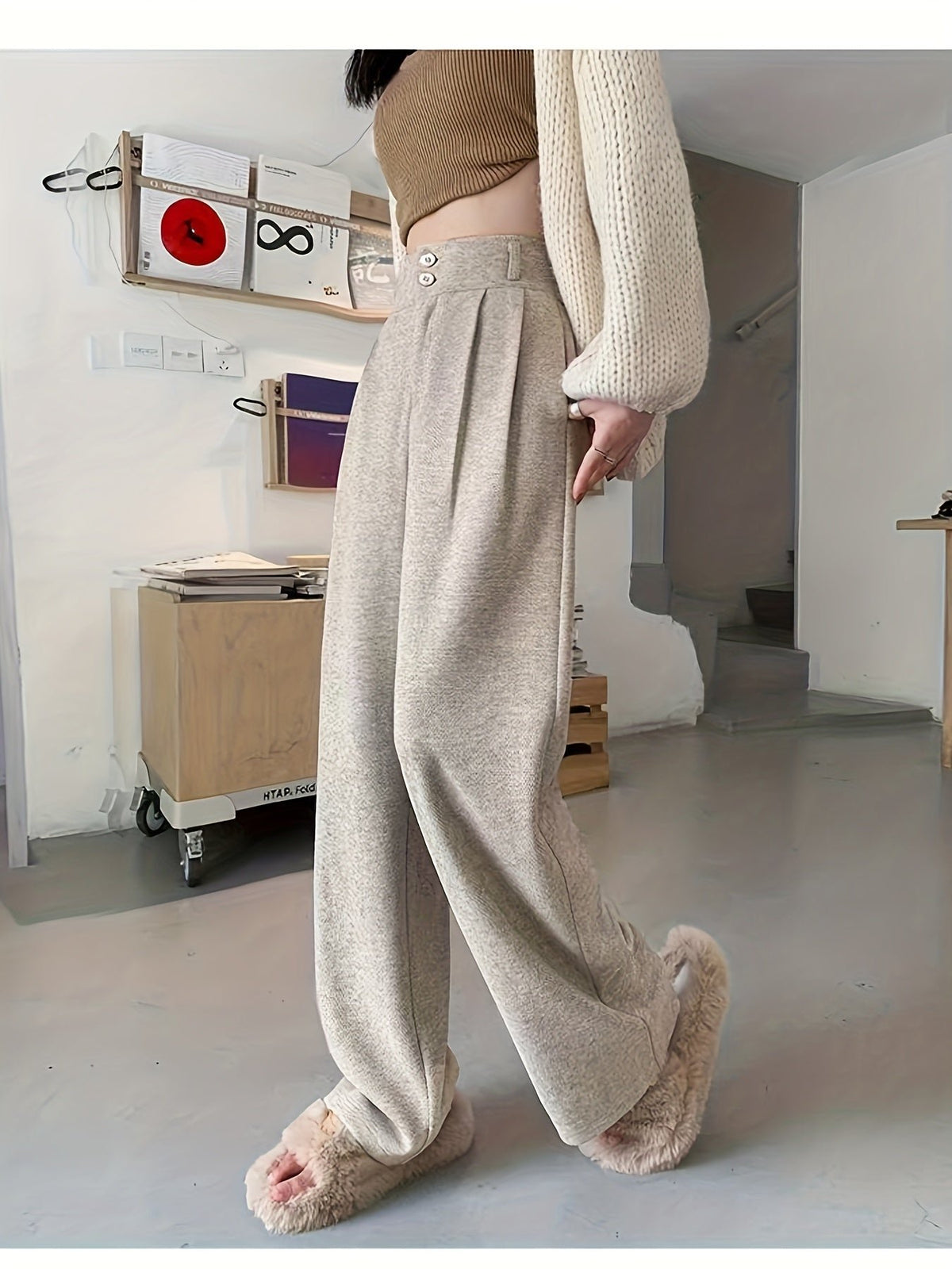 Hanna | High-Waisted Wide-Leg Trousers – Elegante Herringbone-Optik für Damen
