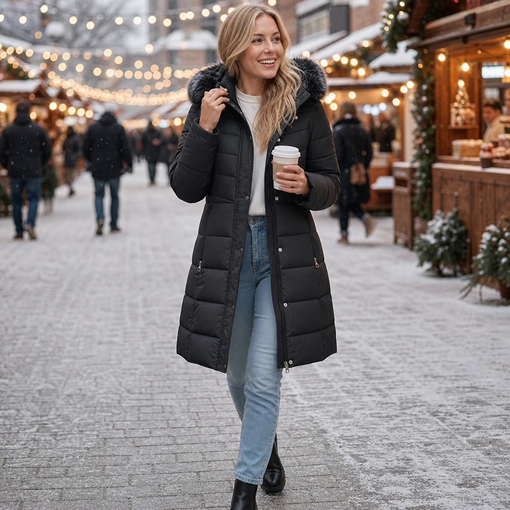 Chevronwarm | Longline Puffer Coat met Faux Fur Capuchon