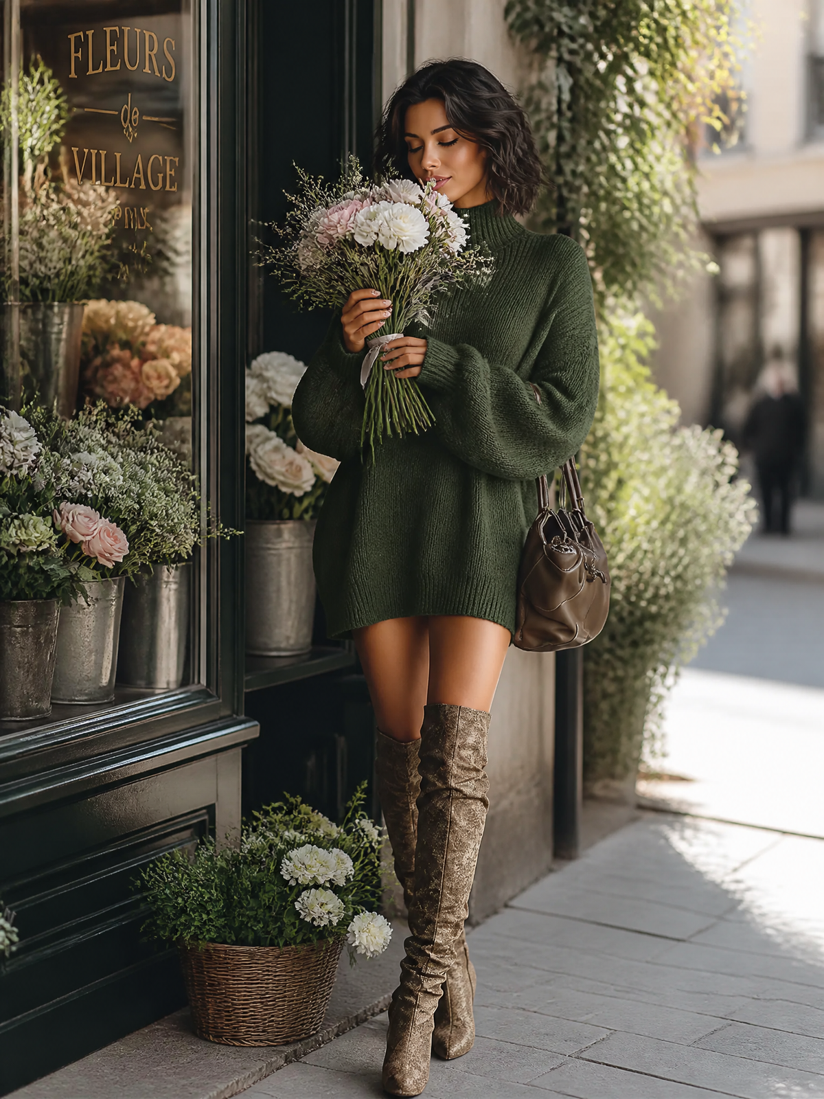 Ophira | Vintage Style Knit Mini Dress in Caramel Brown