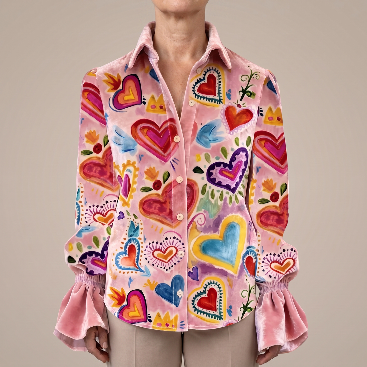 Valentina | Farbenfrohe und stilvolle Retro Damenbluse mit Herzmotiven