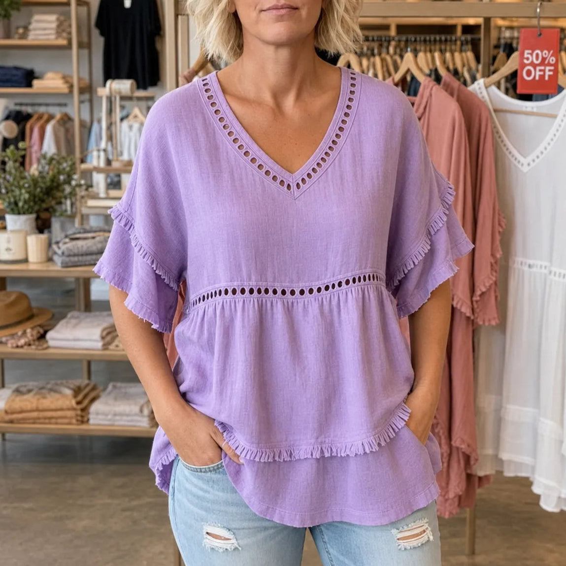 Solavie | Boho V-Neck Tunic Top mit Fransen für Frauen