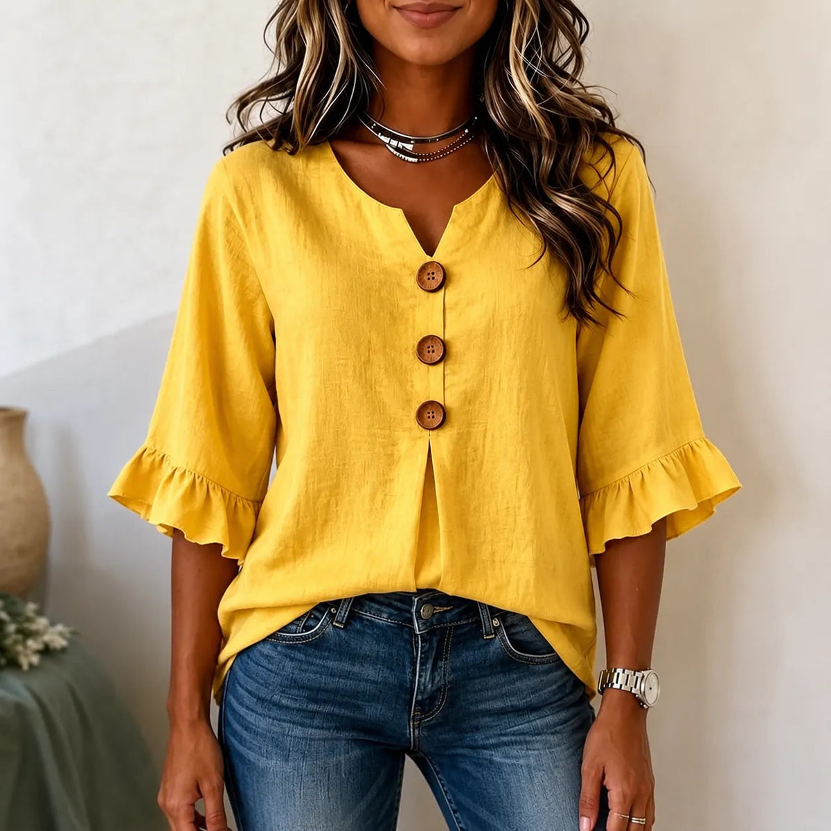 Wearbella | V-Ausschnitt Bluse – Lockere Rüschung für Frauen