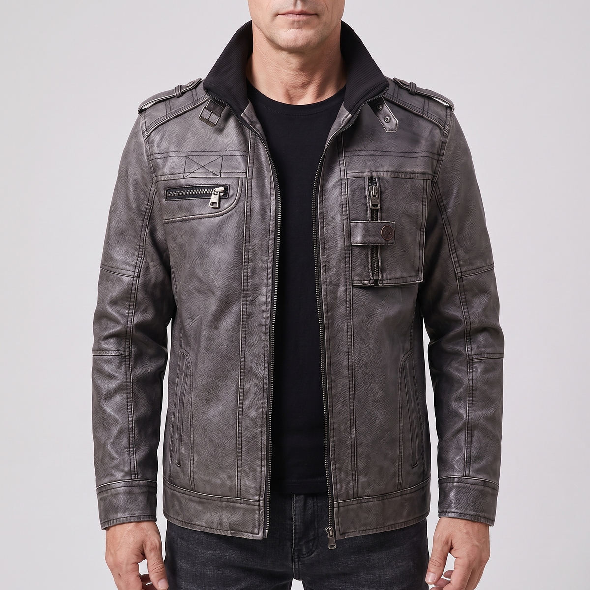 Maverick | Multi Pocket Leather Biker Jacket – Rugged Utility Style for Men