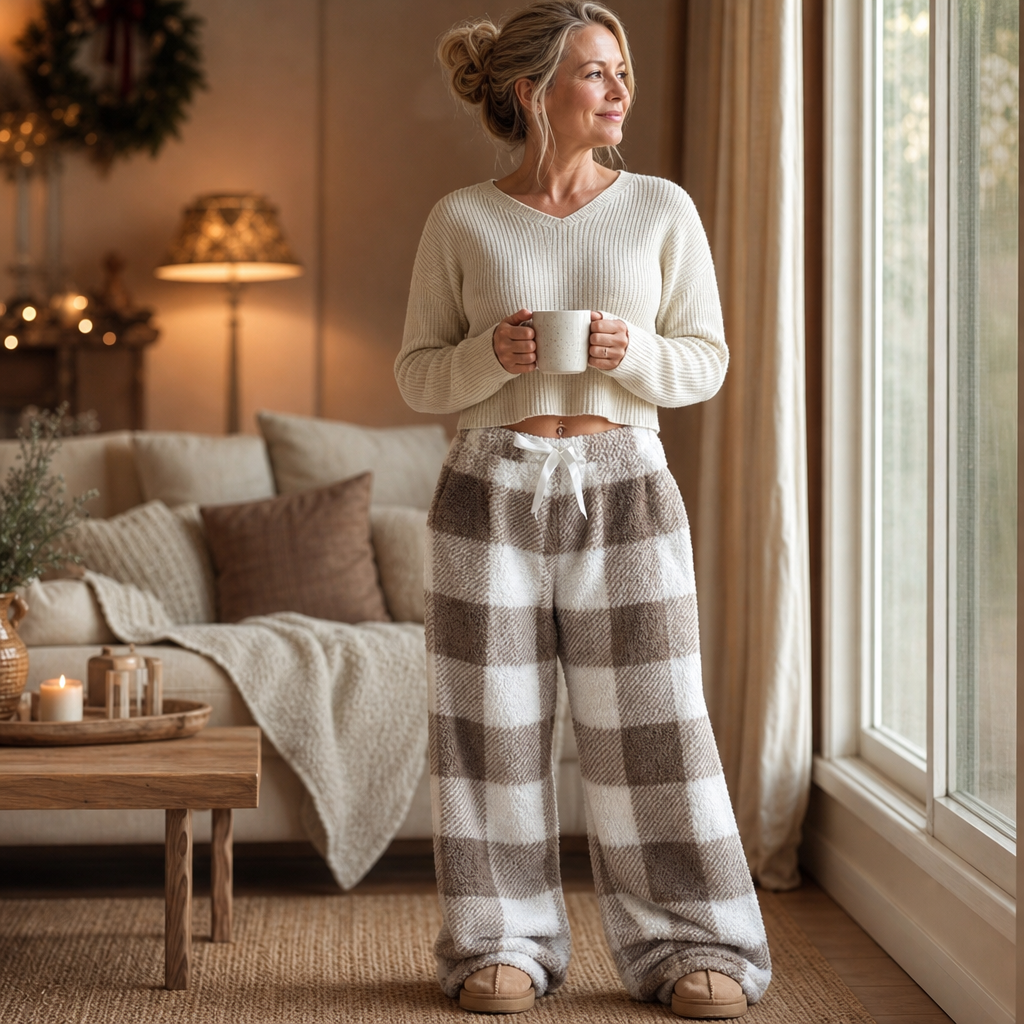 Plaidly | Plüsch Karierte Weite Beinform Lounge-Hosen für Damen