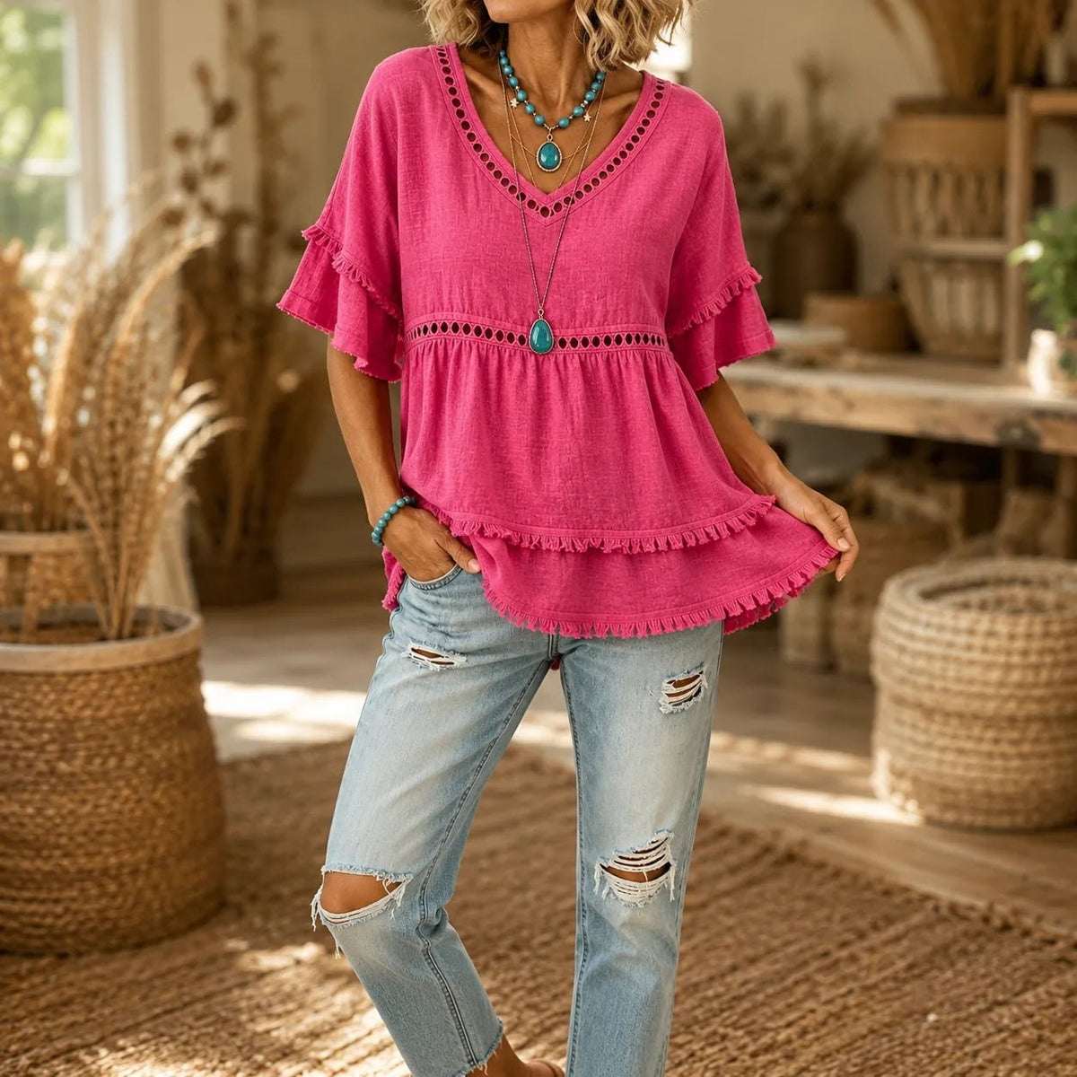 Solavie | Boho V-Neck Tunic Top mit Fransen für Frauen