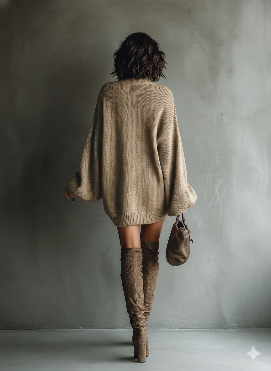 Ophira | Vintage Style Knit Mini Dress in Caramel Brown