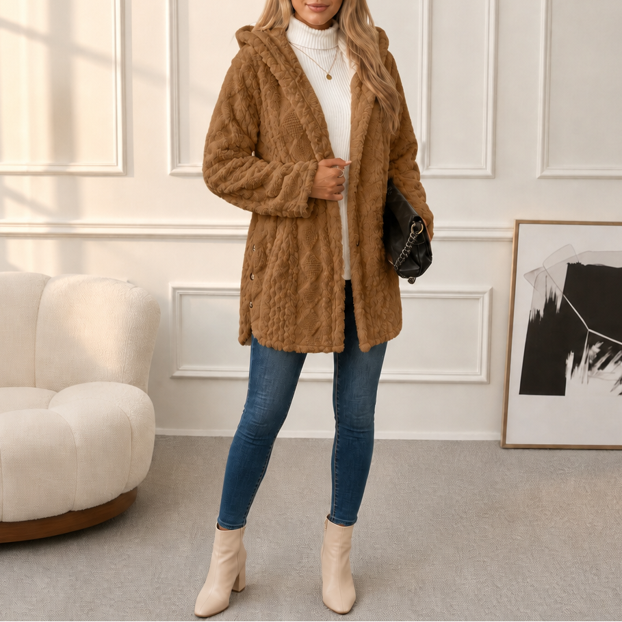Wearbella | Diamond Jacquard Plush Hooded Coat – Elegantes Design für Damen