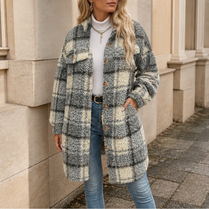 Fairloch | Plaid Sherpa-Lined Mid-Length Coat – Gemütlicher Stil für Frauen