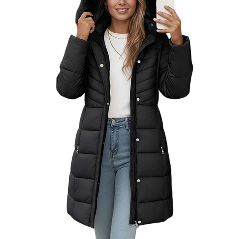 Chevronwarm | Longline Puffer Coat met Faux Fur Capuchon
