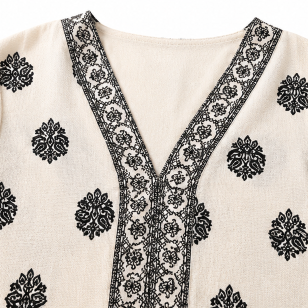 Verona | V-Neck Tunika Bluse – Boho Damask Druck mit Glockenärmeln für Frauen