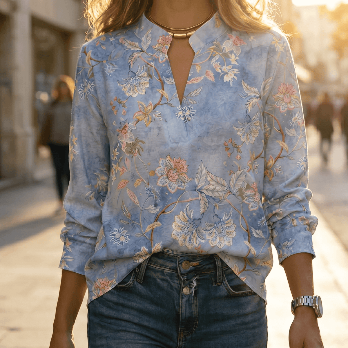 Florenza | Wasserfarbige Blumen V-Ausschnitt Bluse – Femininer Stil für alle Körpergrößen