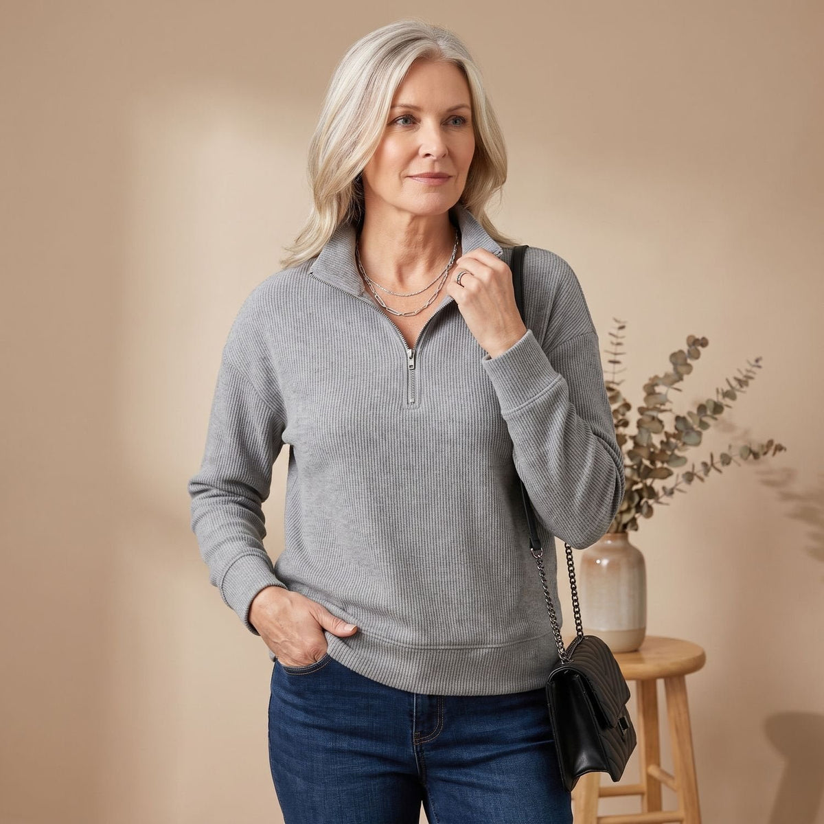 Mia | Halb-Zip Pullover Sweater – Damen Ribbed Design