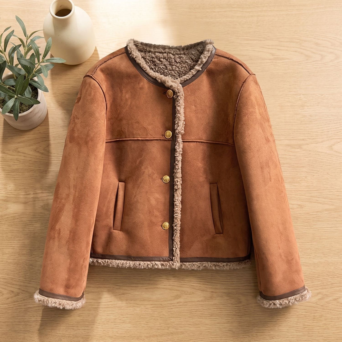 Greta | Kurze Lederjacke mit Kunstlammfell-Futter und Goldknöpfen
