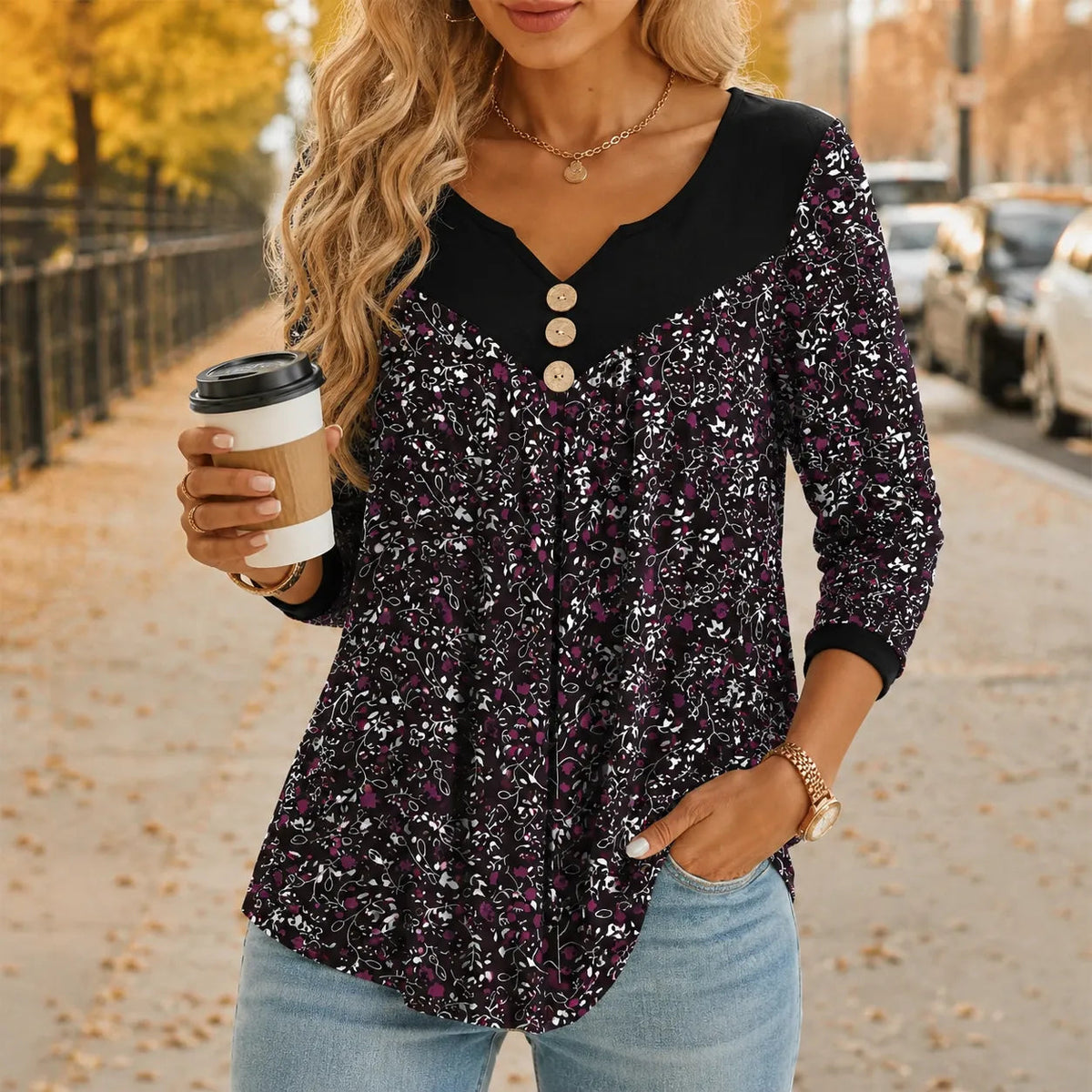 Evelora | Floral V-Neck Tunic Top – Soft Pleated Drape for Women
