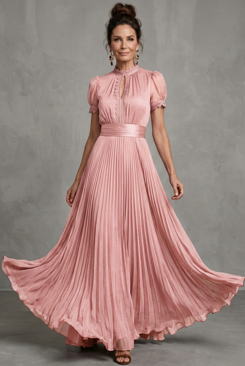Elara | Falten-Maxikleid mit Spitzenbesatz