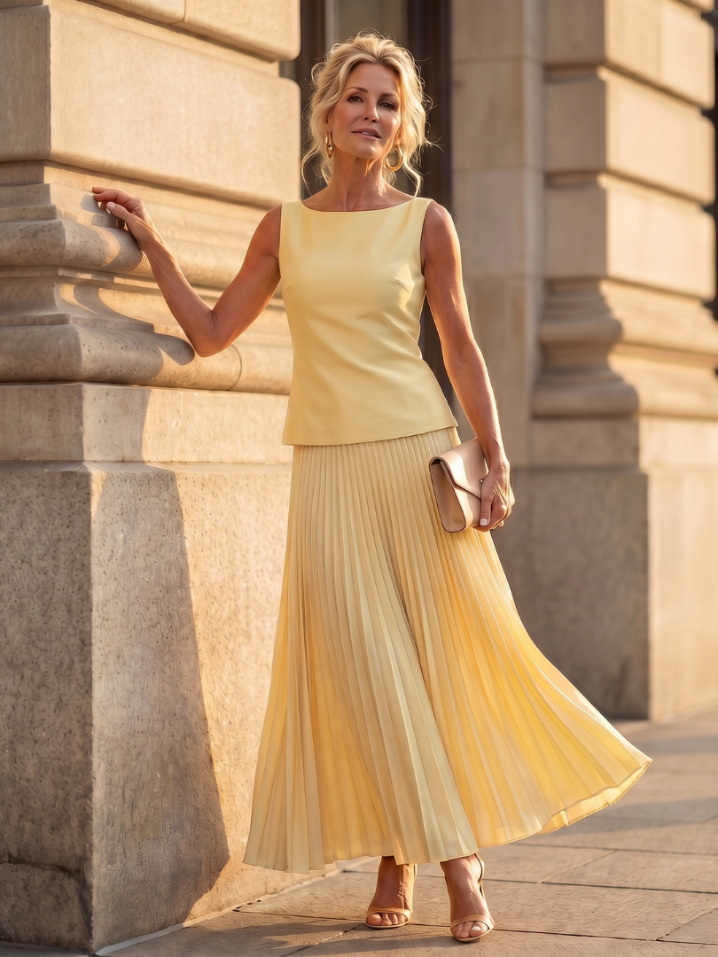 Rhodes | Midi Dress – Strukturiertes Oberteil mit Faltenrock