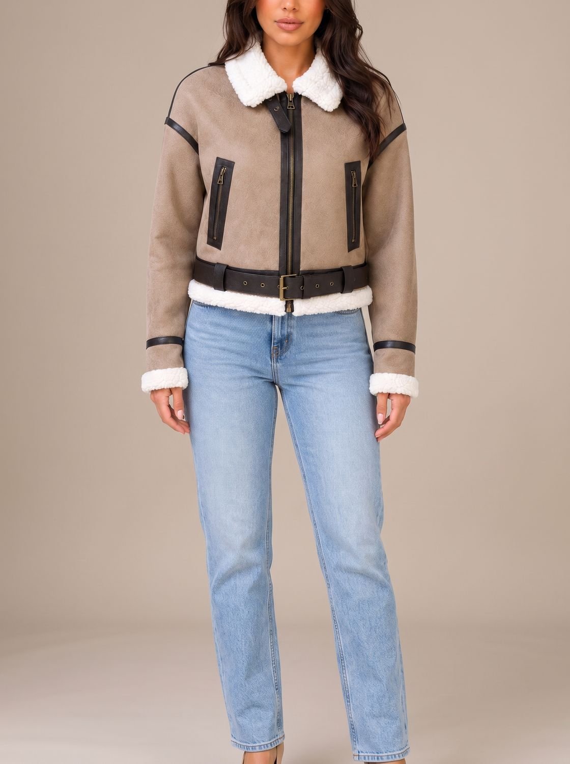 Marlene | Kurze Teddyjacke im Aviator-Stil mit Gürtel