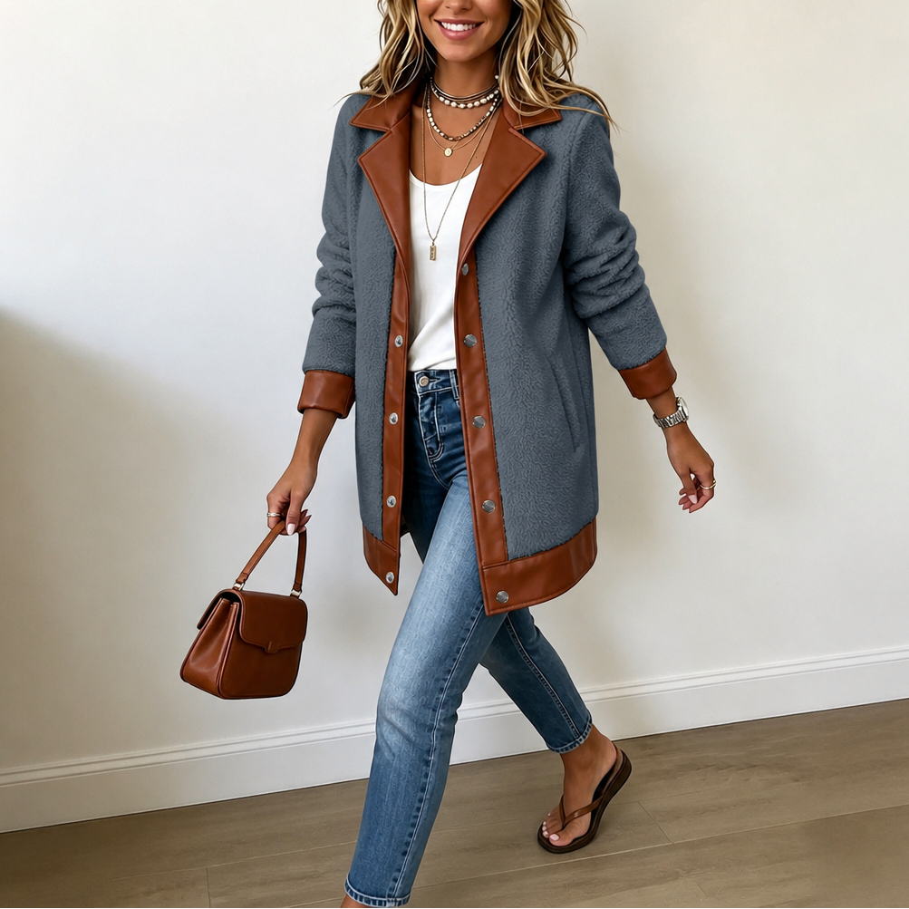 Plushlynn | Teddy Coat mit Kunstlederbesatz