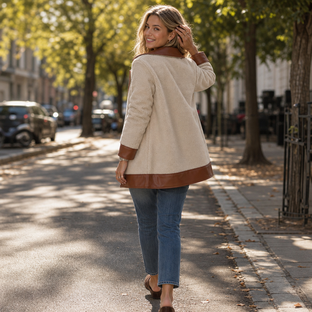 Plushlynn | Teddy Coat mit Kunstlederbesatz