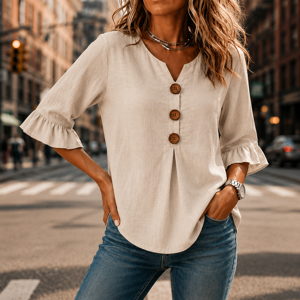Amelie | Feminine und luftige Tunika Bluse mit V-Ausschnitt