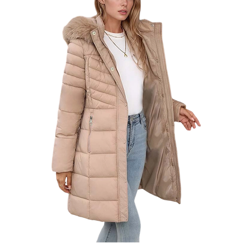 Chevronwarm | Longline Puffer Coat met Faux Fur Capuchon