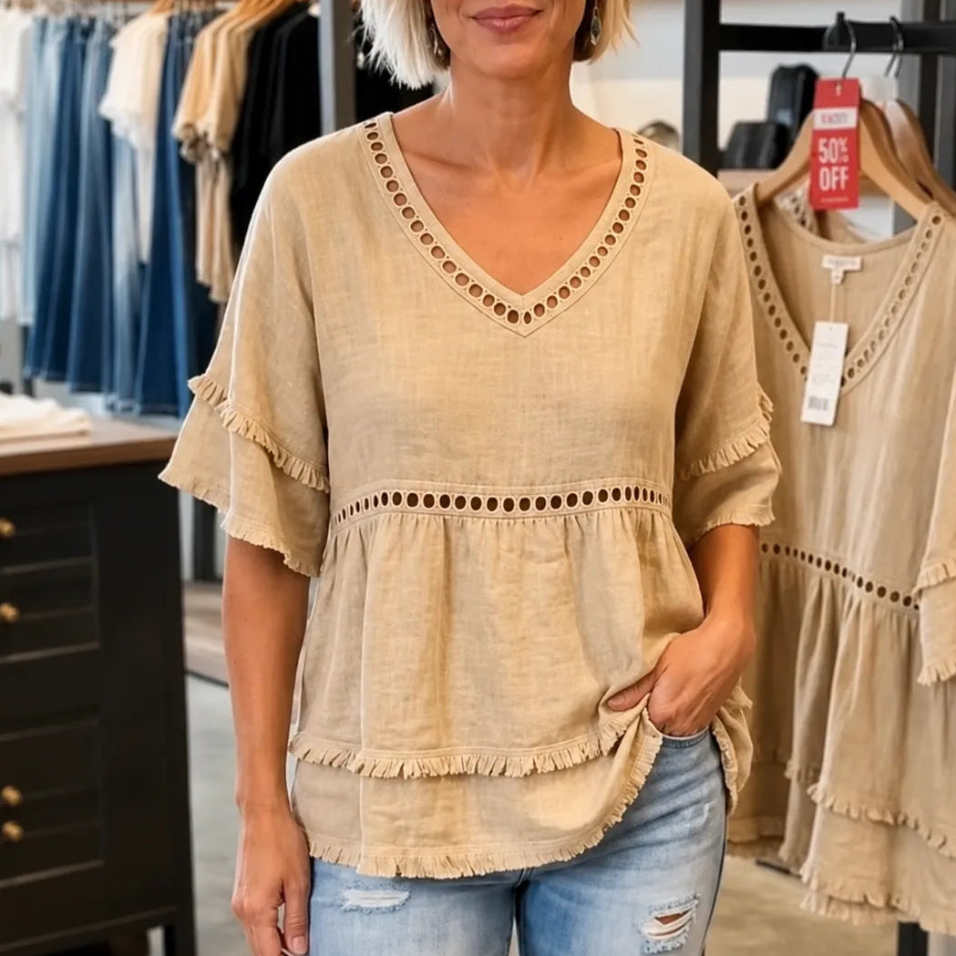 Solavie | Boho V-Neck Tunic Top mit Fransen für Frauen