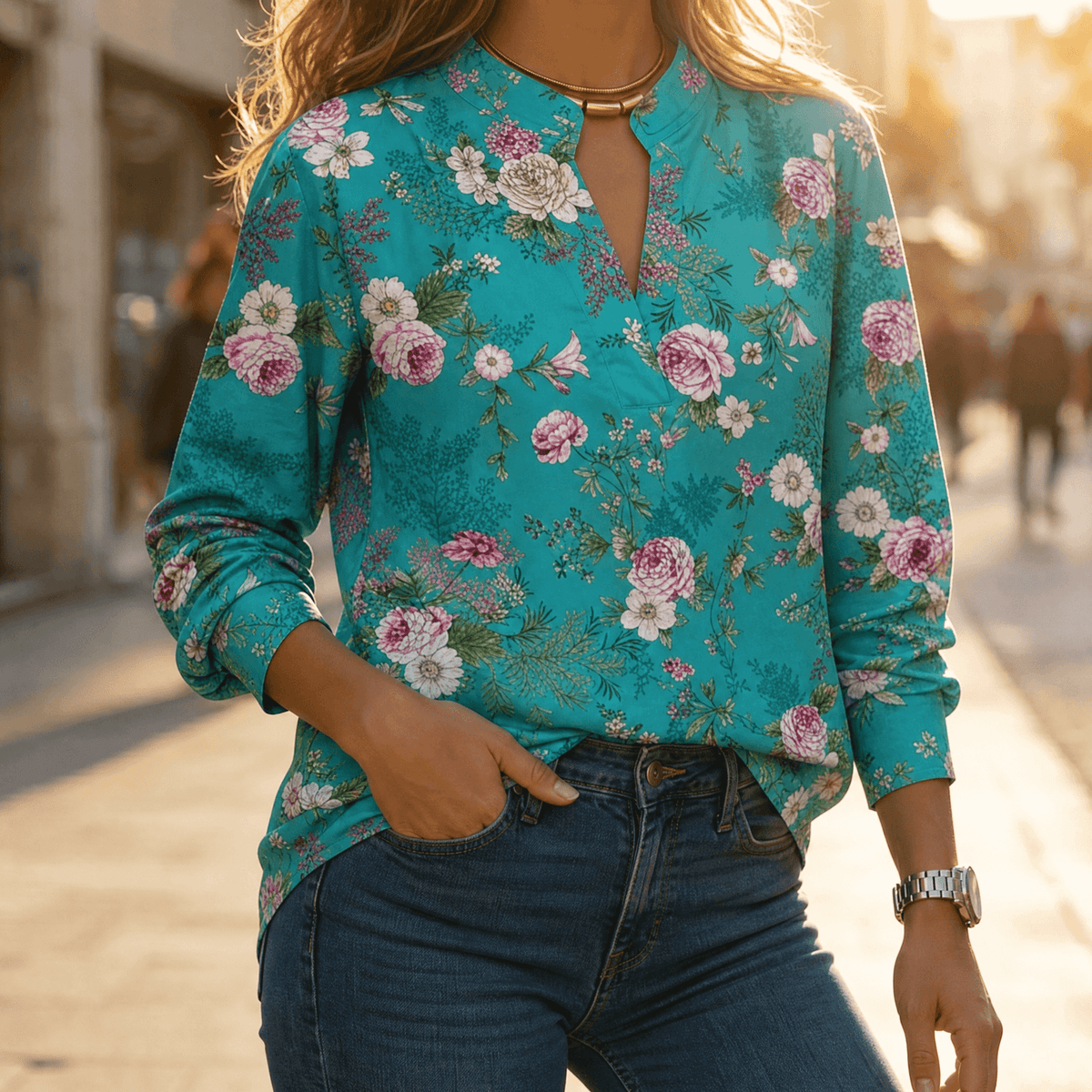 Florenza | Wasserfarbige Blumen V-Ausschnitt Bluse – Femininer Stil für alle Körpergrößen