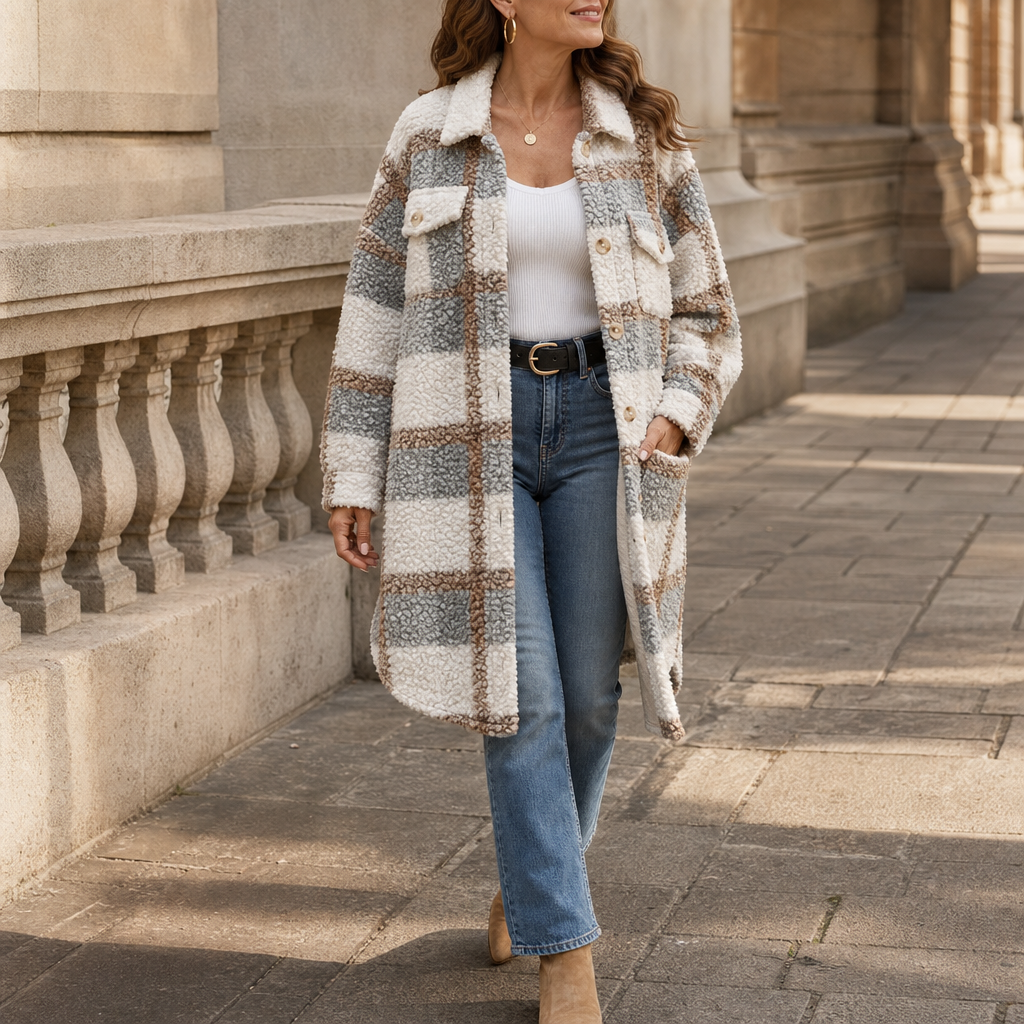 Fairloch | Plaid Sherpa-Lined Mid-Length Coat – Gemütlicher Stil für Frauen