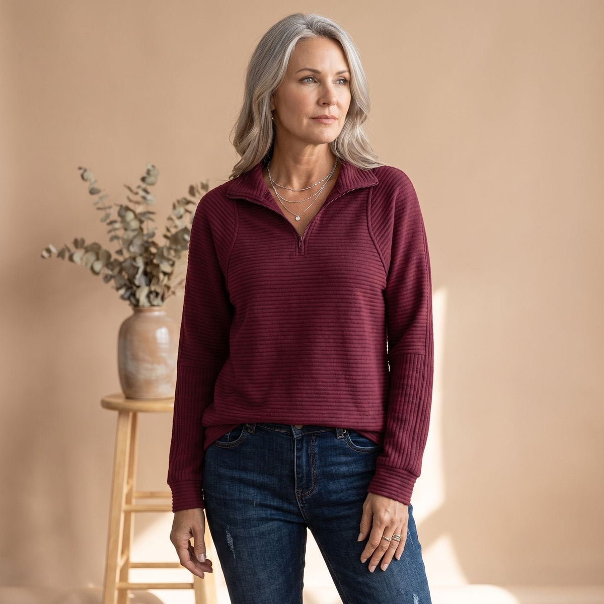 Mia | Halb-Zip Pullover Sweater – Damen Ribbed Design