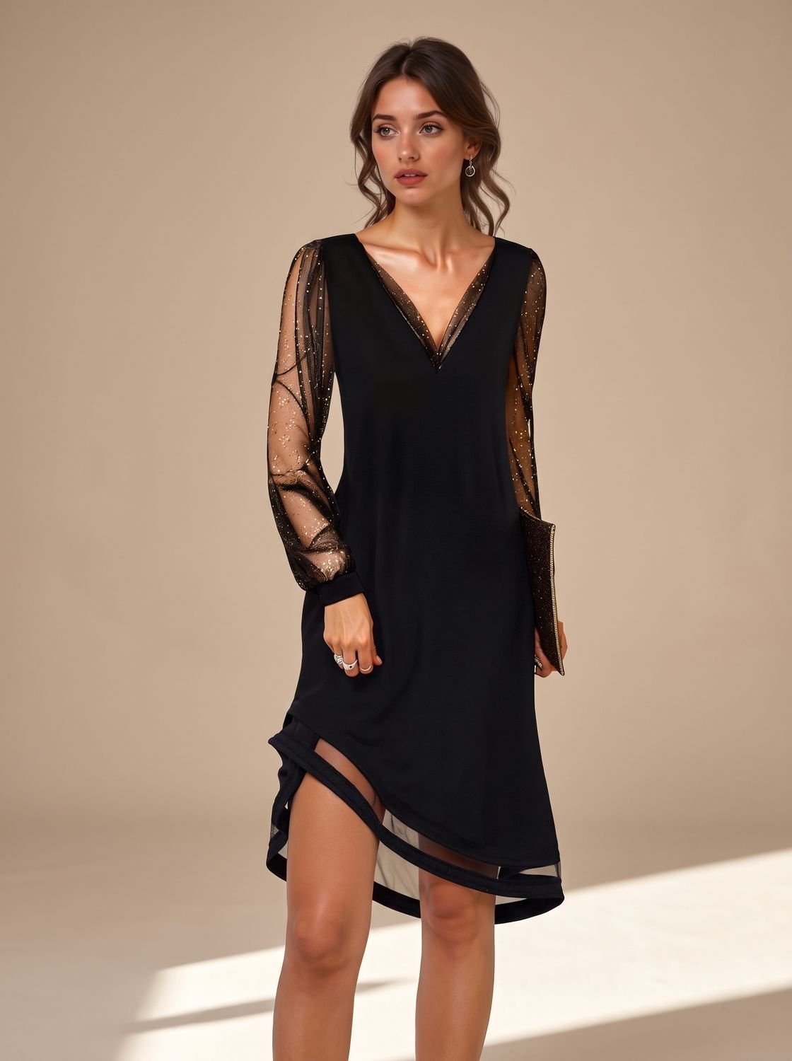 Camila | Mini Kleid – Schwarzes Festkleid mit Glitzerärmeln für Frauen