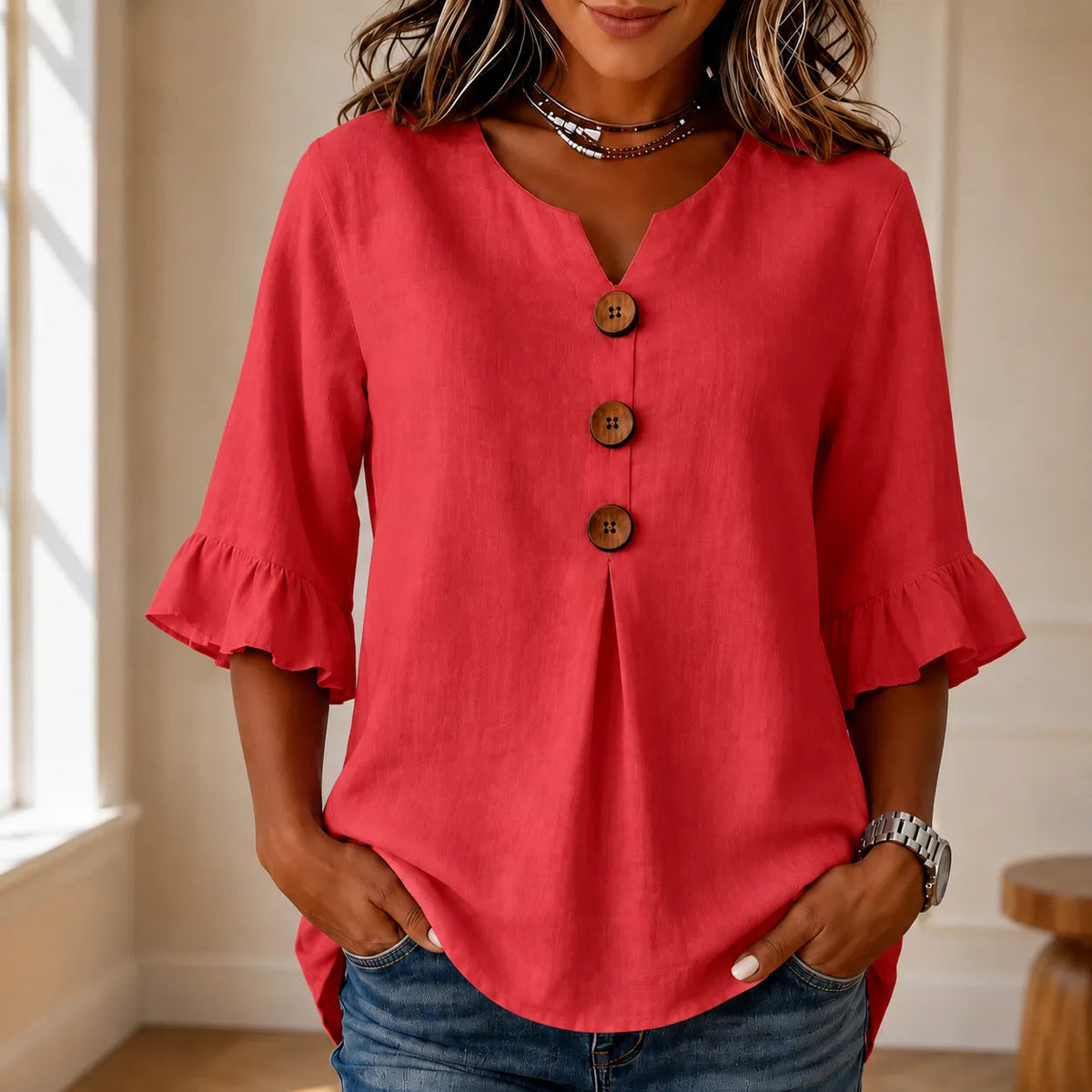 Wearbella | V-Ausschnitt Bluse – Lockere Rüschung für Frauen