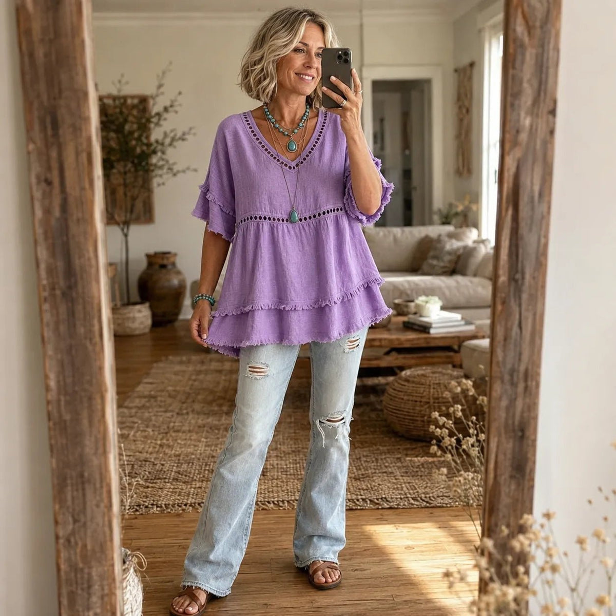 Solavie | Boho V-Neck Tunic Top mit Fransen für Frauen
