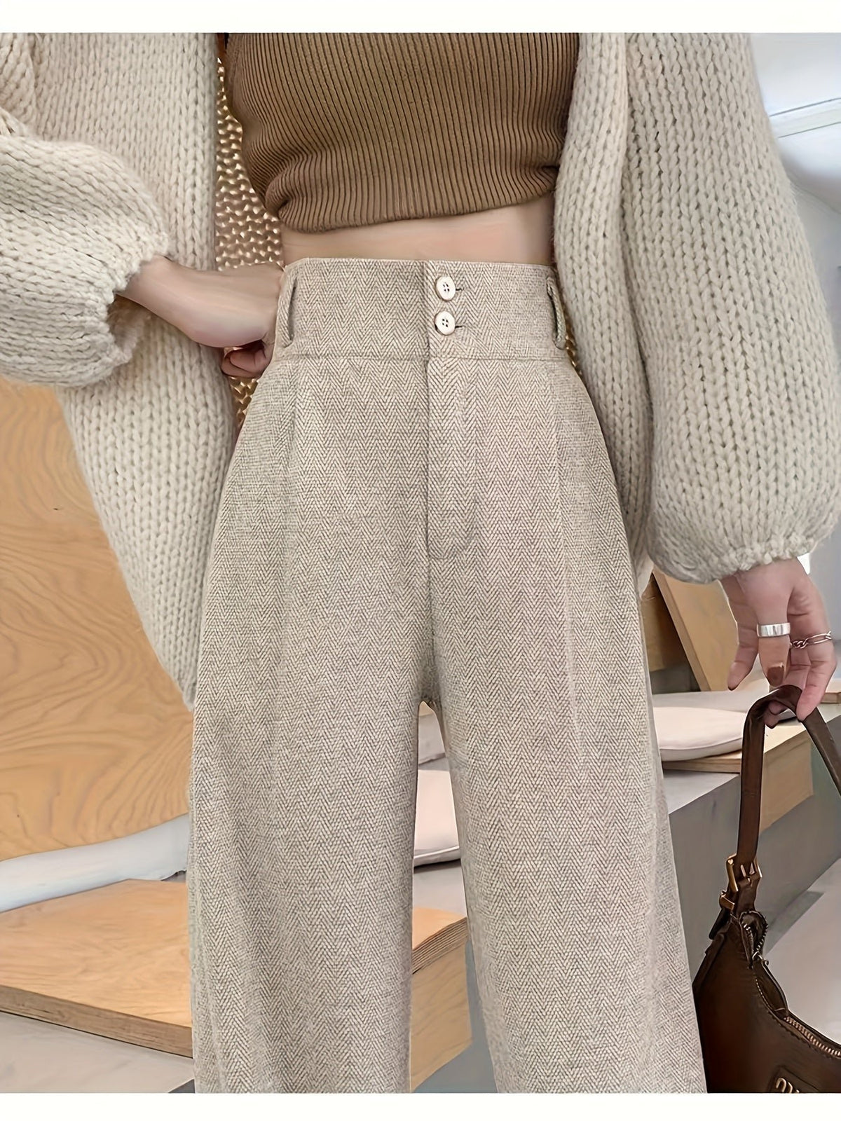 Hanna | High-Waisted Wide-Leg Trousers – Elegante Herringbone-Optik für Damen