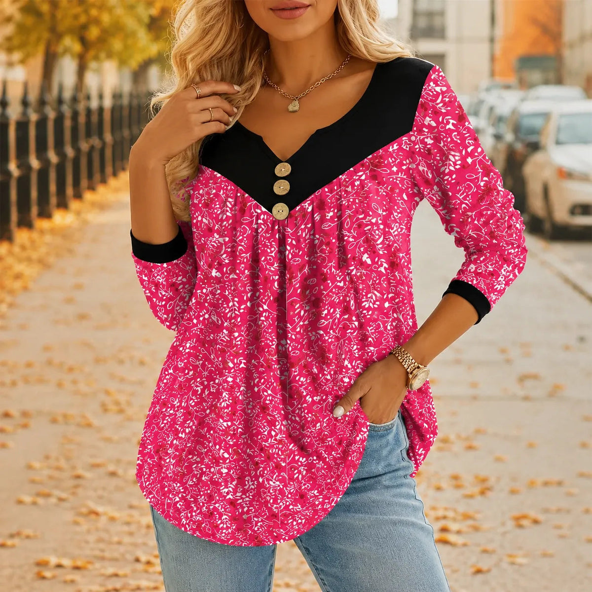Evelora | Floral V-Neck Tunic Top – Soft Pleated Drape for Women