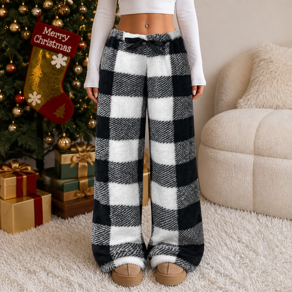 Plaidly | Plüsch Karierte Weite Beinform Lounge-Hosen für Damen