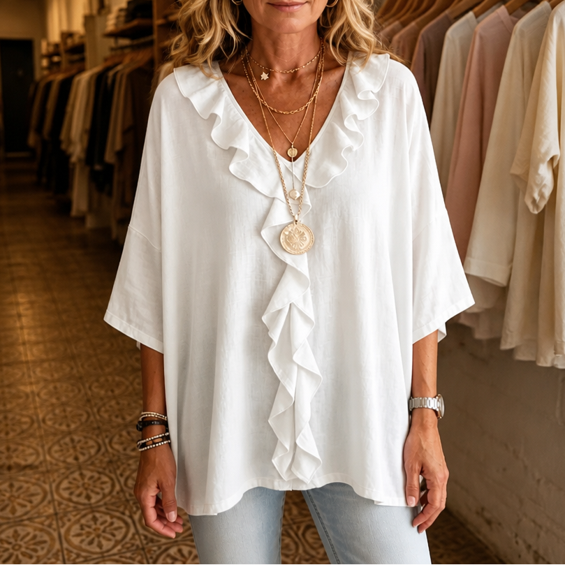 Lena | Elegante und fließende Rüschenbluse mit V-Ausschnitt